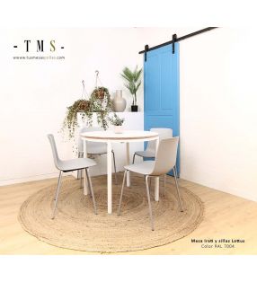 table ronde avec plateau en stratifié blanc et bord en bois