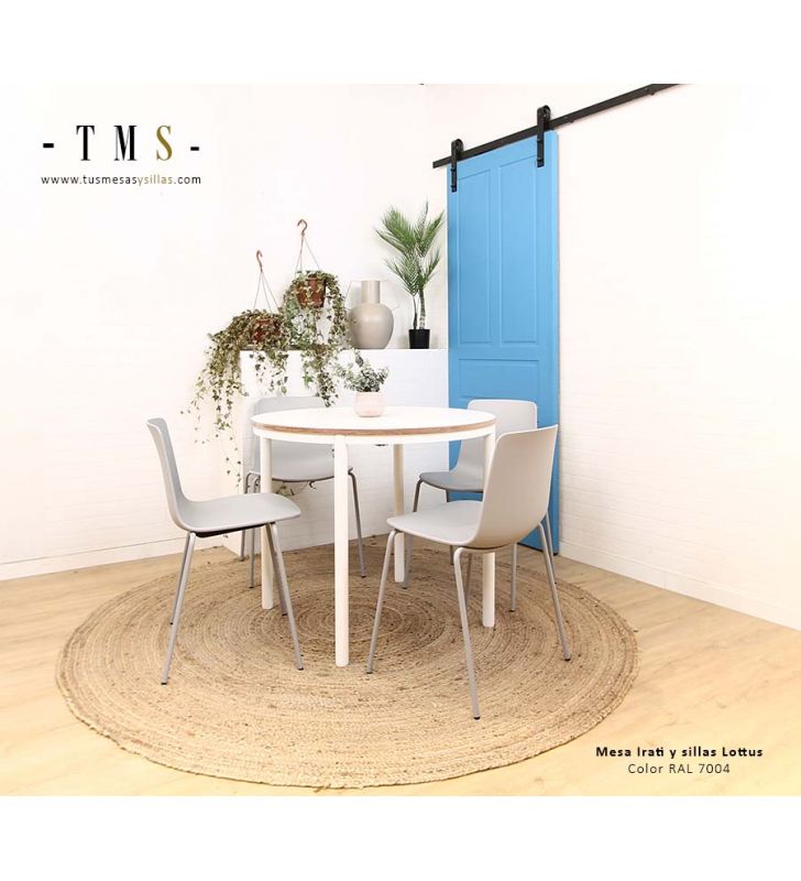 table ronde avec plateau en stratifié blanc et bord couleur bois