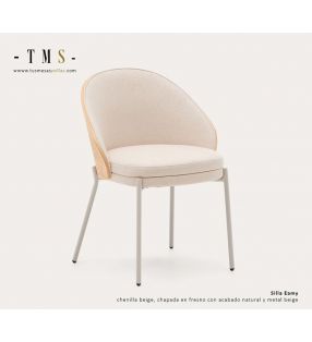 Silla Eamy de chenilla beige, chapada en fresno con acabado natural y metal beige