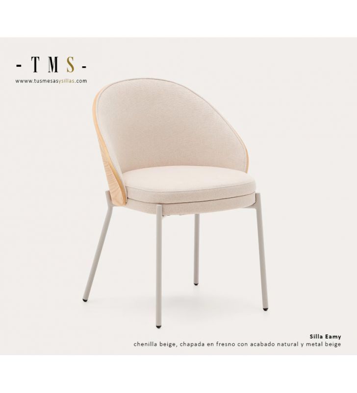 Chaise Eamy en chenille beige, placage frêne finition naturelle et métal beige