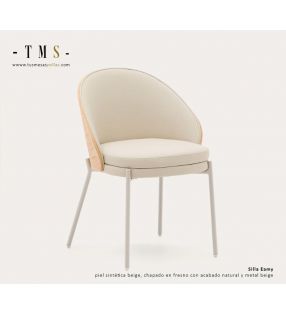 Silla Eamy de piel sintética beige, chapado en fresno con acabado natural y metal beige