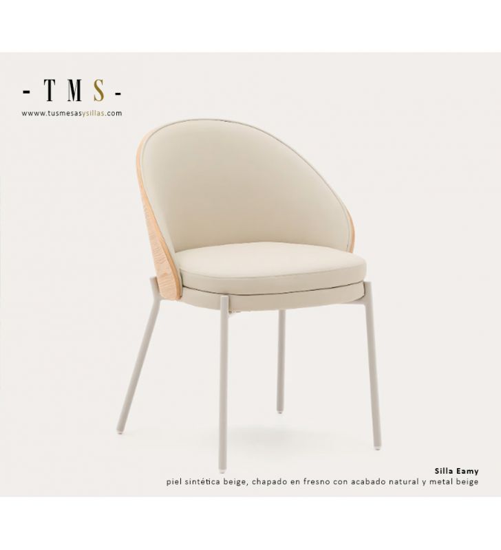Chaise Eamy en similicuir beige, placage frêne naturel et métal beige