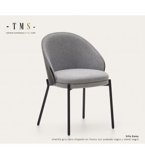 Silla Eamy de chenilla gris claro chapado en fresno con acabado negro y metal negro