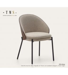 Silla Eamy de chenilla marrón claro chapado en fresno con acabado wengué y metal negro