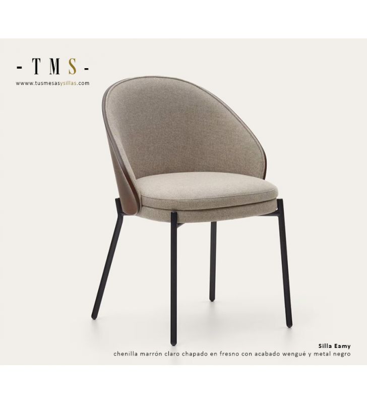 Chaise Eamy en chenille marron clair avec placage en frêne et finition wengé et métal noir