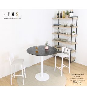 table haute ronde avec plateau effet marbre