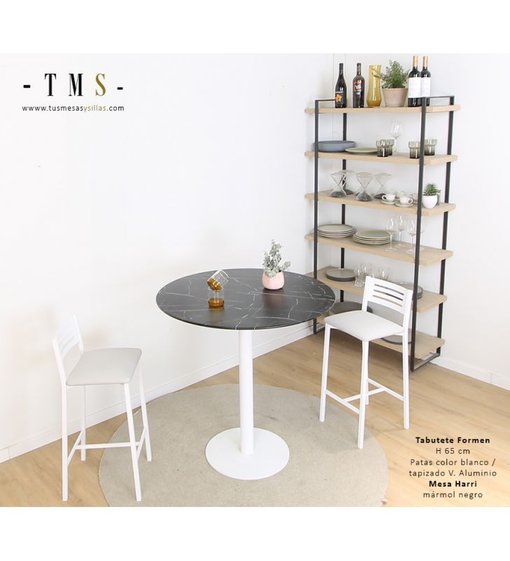 table haute ronde avec plateau effet marbre