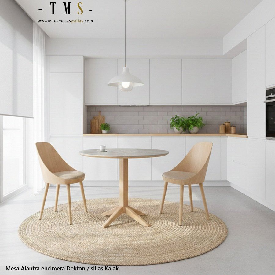 Table ronde avec pied central en bois massif et plan de travail en Dektón Alantra