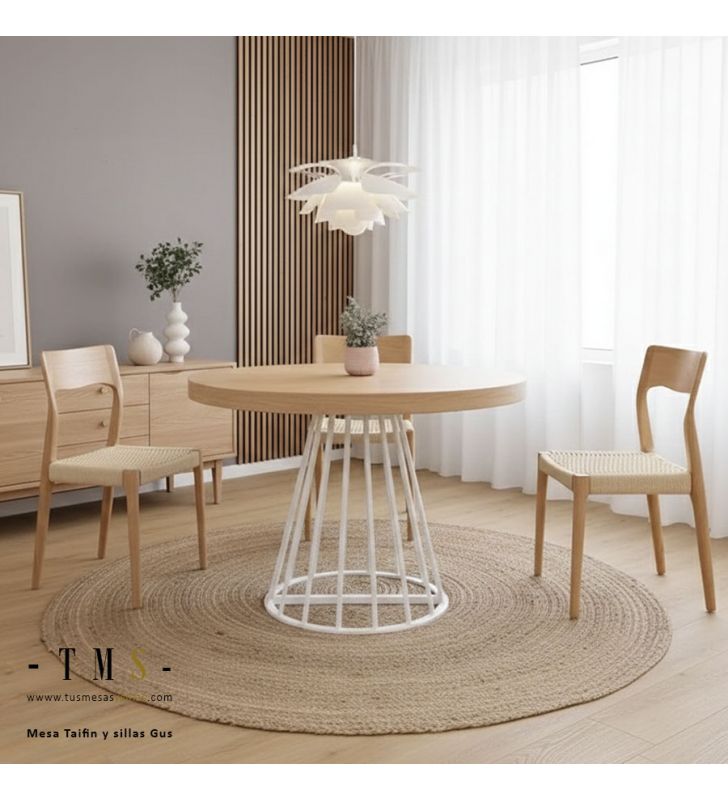 Table Taifin avec pied central en métal, blanche