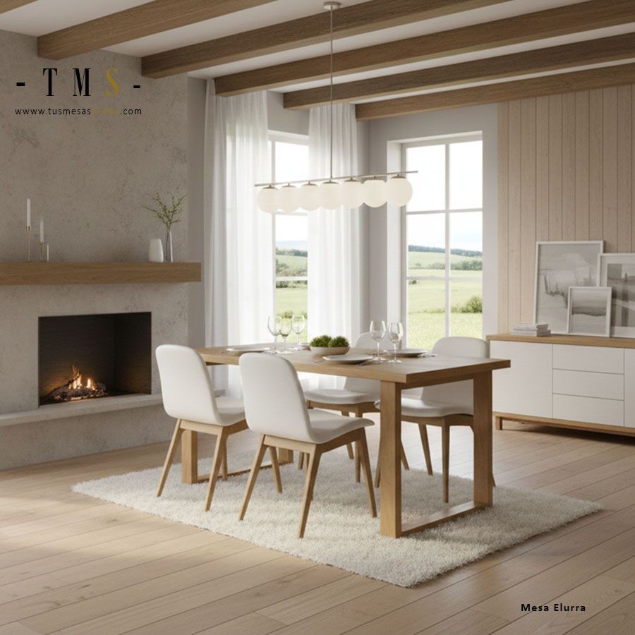 Table Elurra, plateau et pieds en bois de chêne massif de style industriel moderne