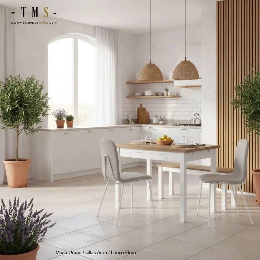 Banc en bois avec pieds blancs et coins arrondis Banc en bois avec pieds blancs et coins arrondis