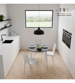 mesa-redonda-Adana-con-encimera-en-laminado-negro-y-patas-lacadas-en-blanco