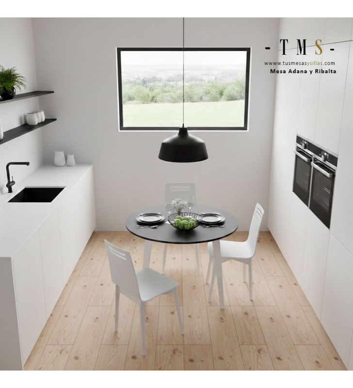 mesa-redonda-Adana-con-encimera-en-laminado-negro-y-patas-lacadas-en-blanco
