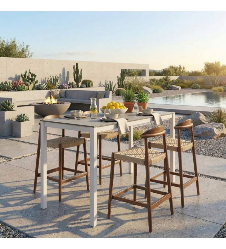 tables hautes blanches sur la terrasse