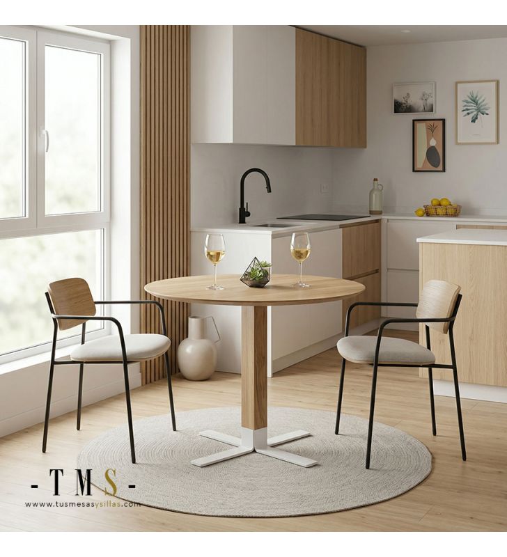 Mesa redonda pequeña Eki en stock con pie central madera de roble y blanco  - 5