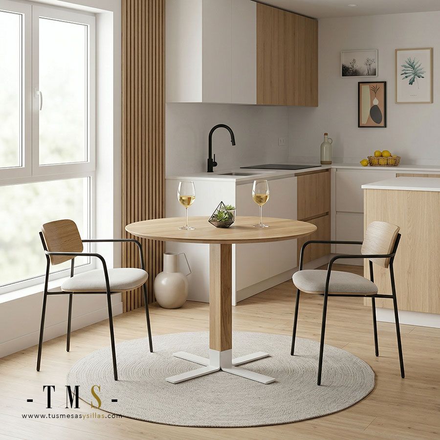 Mesa redonda pequeña Eki en stock con pie central madera de roble y blanco  - 5