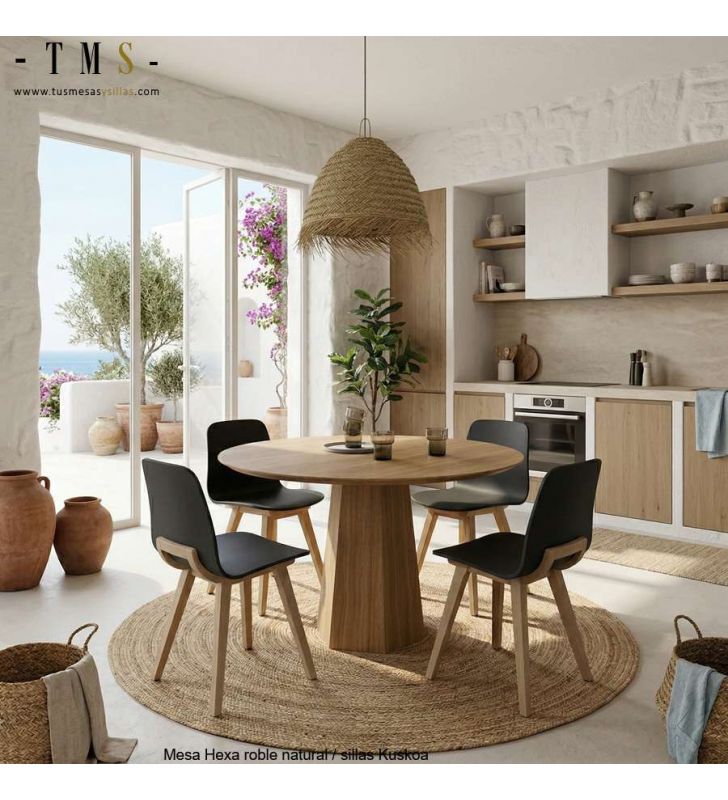 Ensemble table en chêne et chaises noires