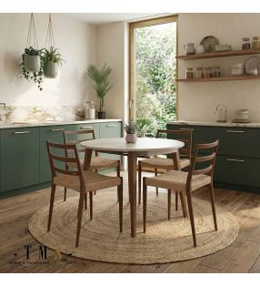 Table ronde Adana avec plateau couleur soie et pieds couleur chêne foncé