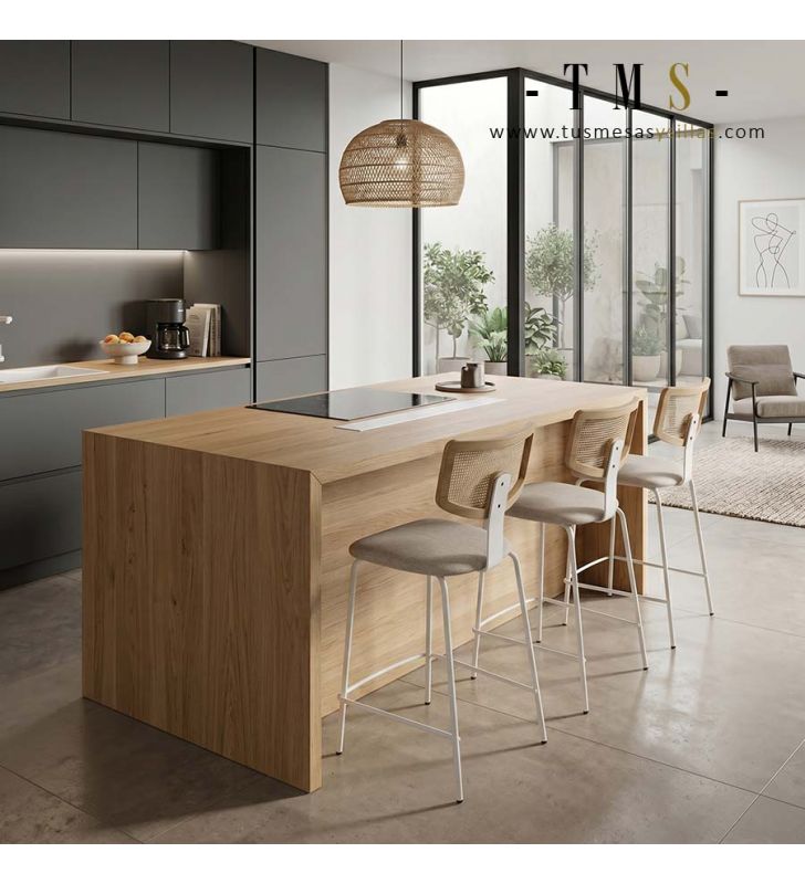 Taburete para comedor con pata metalica blanca.