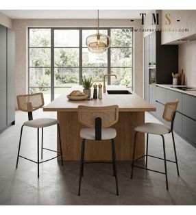 Tabouret Eliza original, dossier en rotin et pieds en métal.