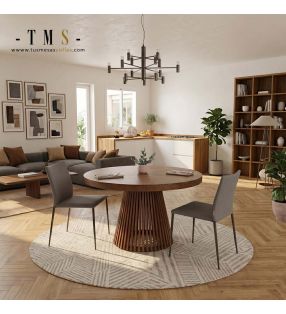 Table ronde en bois thaïlandaise avec pied central et rallonge intégrée