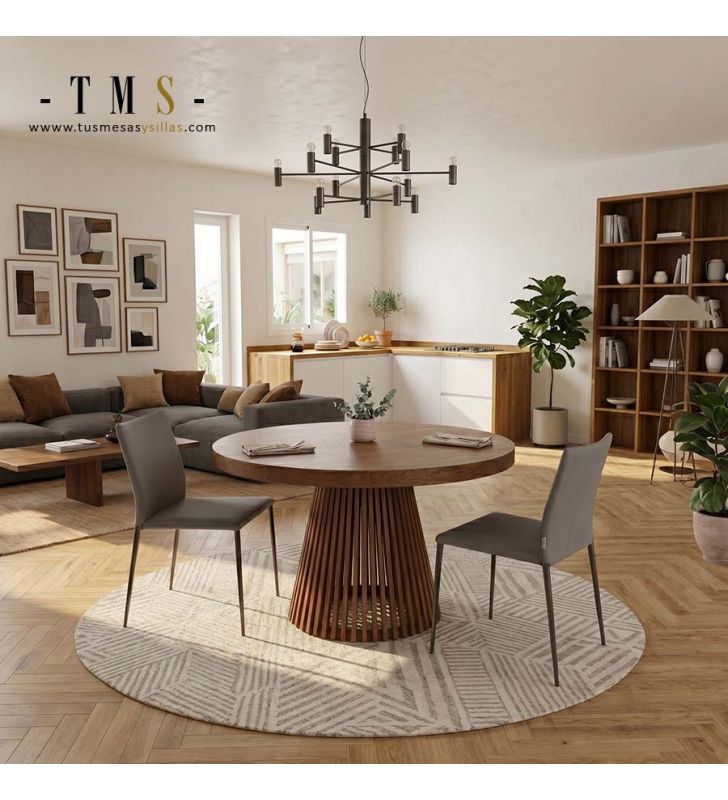 Mesa redonda de madera con pata central y extensible incorporado Thais Mesa redonda de madera con pata central y extensible incorporado Thais