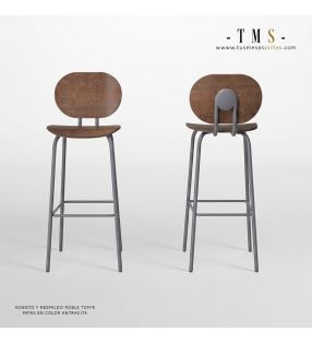Hari, taburete alto de mostrador con asiento y respaldo de madera - 5