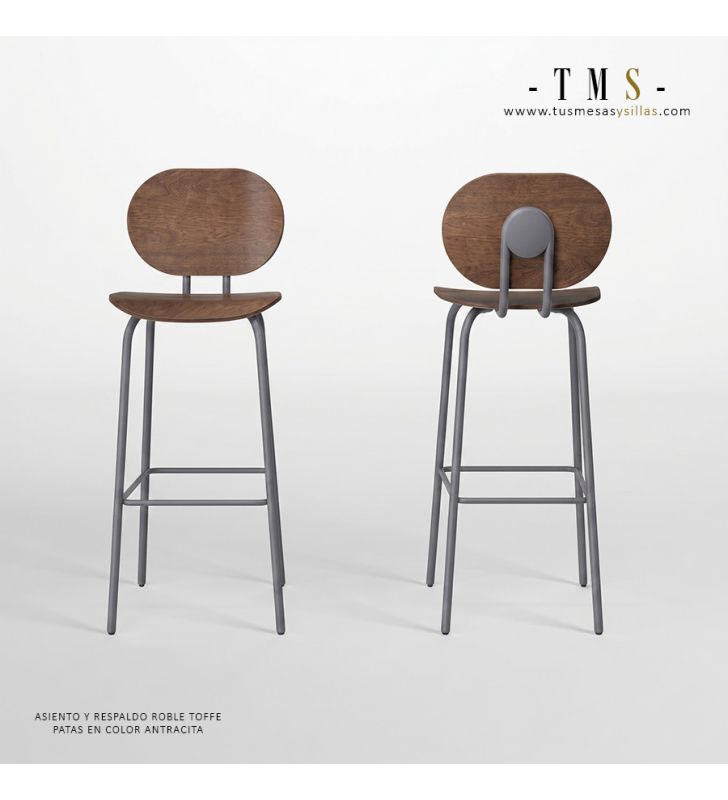 Hari, taburete alto de mostrador con asiento y respaldo de madera - 5 Hari, taburete alto de mostrador con asiento y respaldo de madera - 5