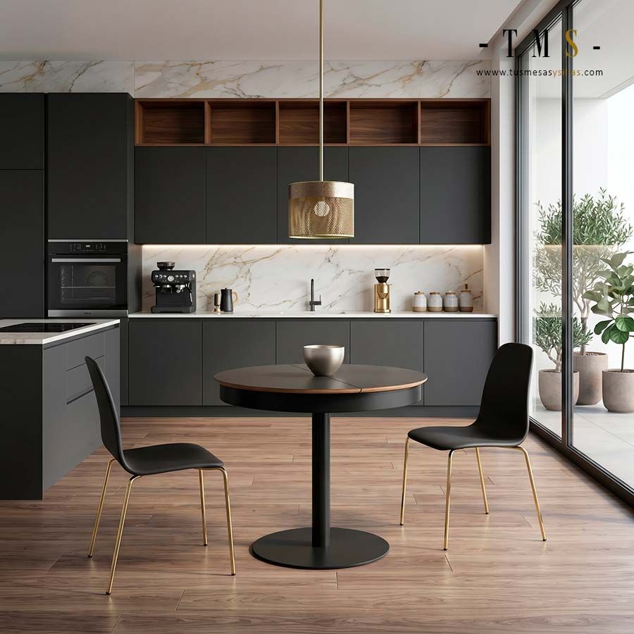 Table ronde centrale 90 cm, plateau en Formica et bois - 3 Table ronde centrale 90 cm, plateau en Formica et bois - 3