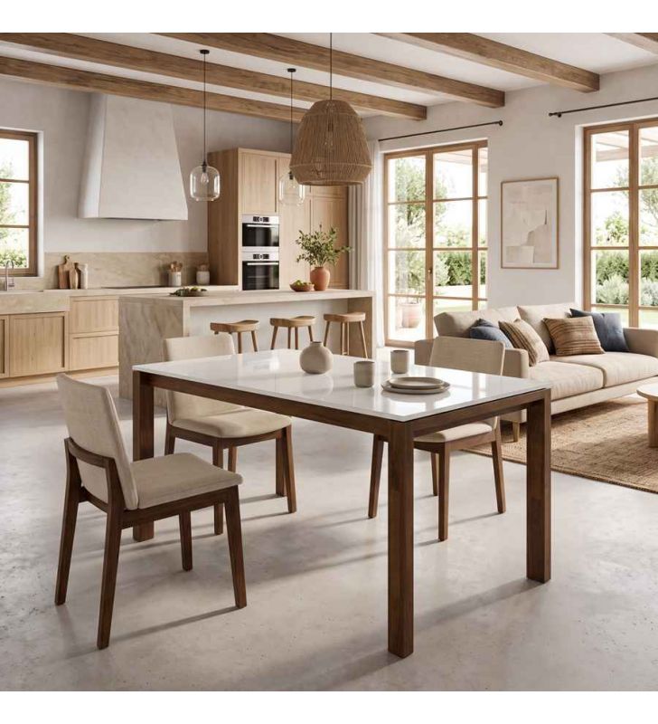 table extensible avec verre et bois foncé