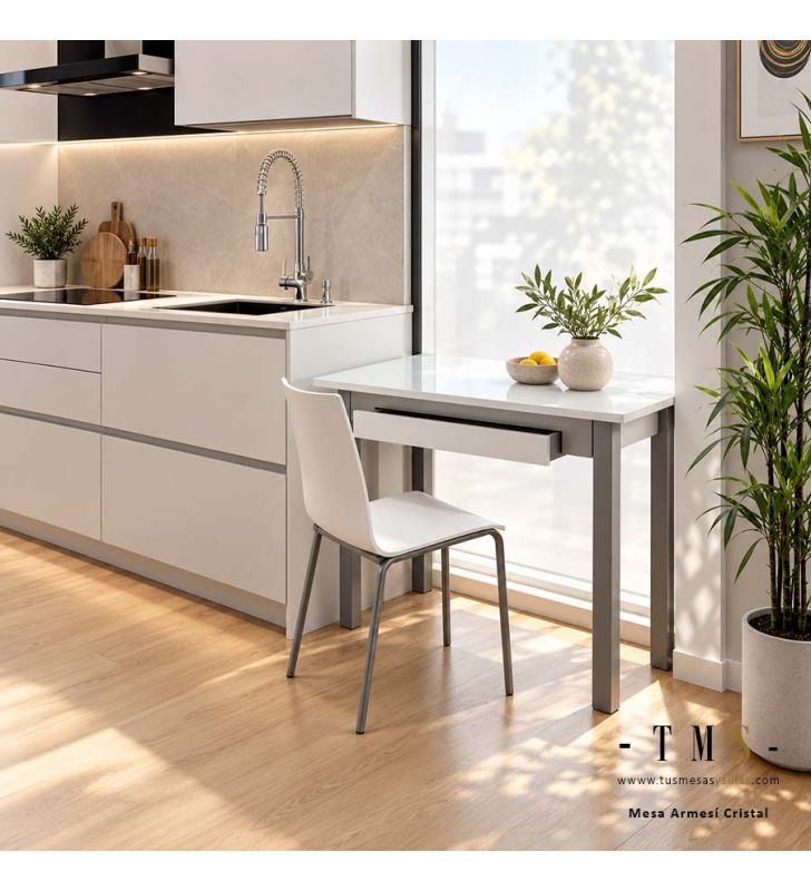 mesa-extensible-con-cajón-y-encimera-de-cristal