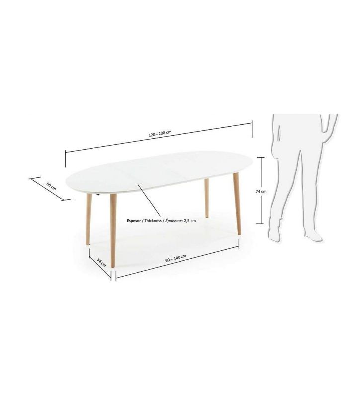 Mesa de cocina o comedor ovalada Oki extensible en blanco y madera