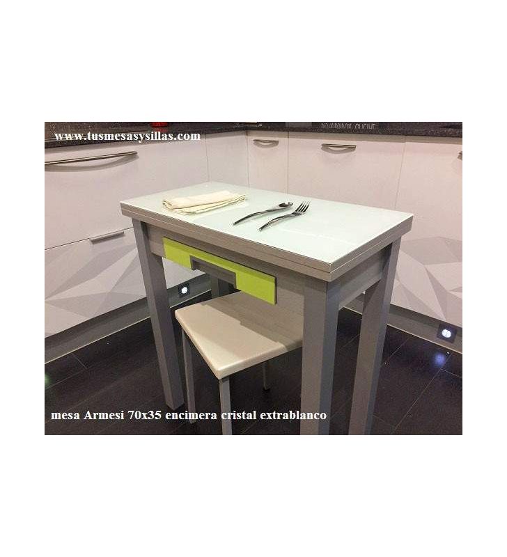 Mesa de cocina de cristal de 80x40 cm. extensible Tipo libro a 80x80 con  cajón.