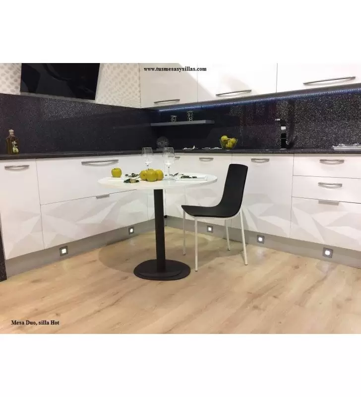 Mesa redonda Duo de pie central y encimera en madera, laca o laminado