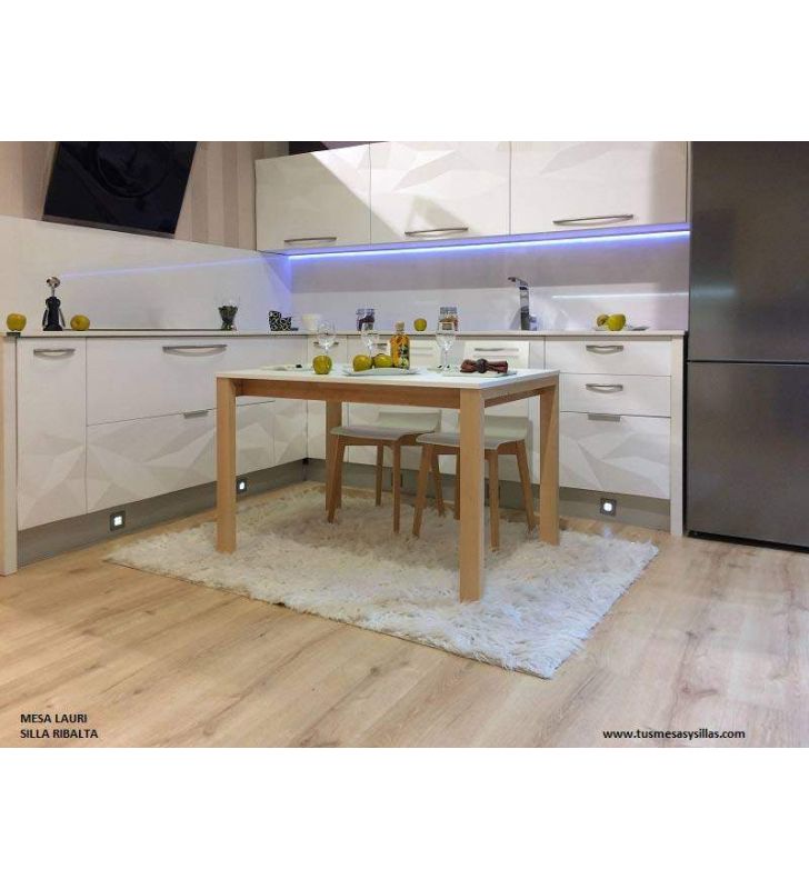 Mesa Lauri fija, encimera en laminado, madera y laca