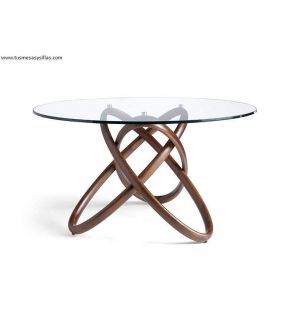 Mesa redonda de comedor en Nogal y encimera de cristal