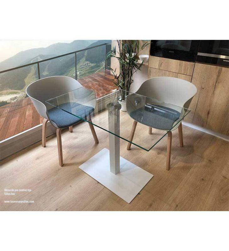 Mesa pie central y cristal transparente